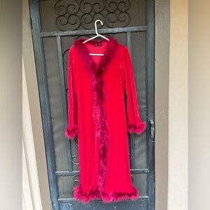 Vintage rare Betsey Johnson hot pink velvet robe coat with pink feather trim